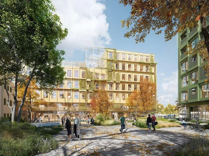 Den nye videregående skolen og det nye torget som skal bygges på Diakonhjemmet. Illustrasjon: Henning Larsen arkitekter.
