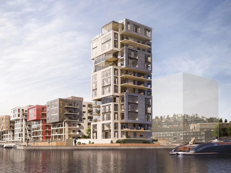 Selvaag Bolig planlegger nå dette 13 etasjer høye leilighetsbygget på Kaldnes Brygge i Tønsberg. Prosjektet kommer for salg i juni (illustrasjon: Spir Arkitekter).