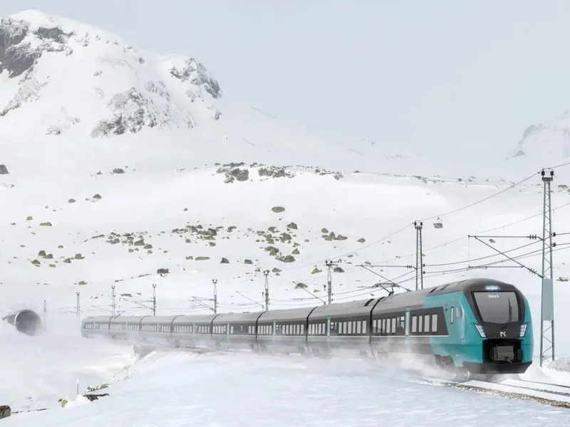 Illustrasjon av et nytt togsett i vinterlandskap