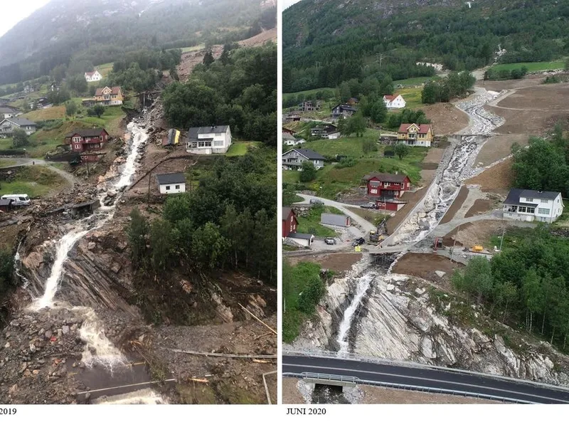 Før og etter: Årsetelva etter flaumen 30. juli 2019, og med ferdige sikringstiltak juni 2020. Foto: NVE