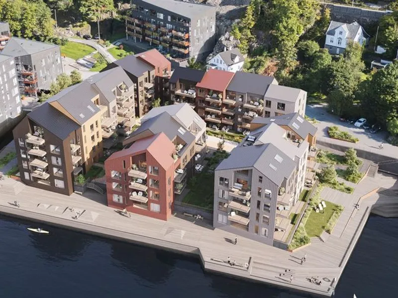 Prosjektet Sjøbodene består av fem punkthus ved sjøkanten i Sandviken i Bergen, med bodareal under to av dem. Illustrasjon: AF Gruppen