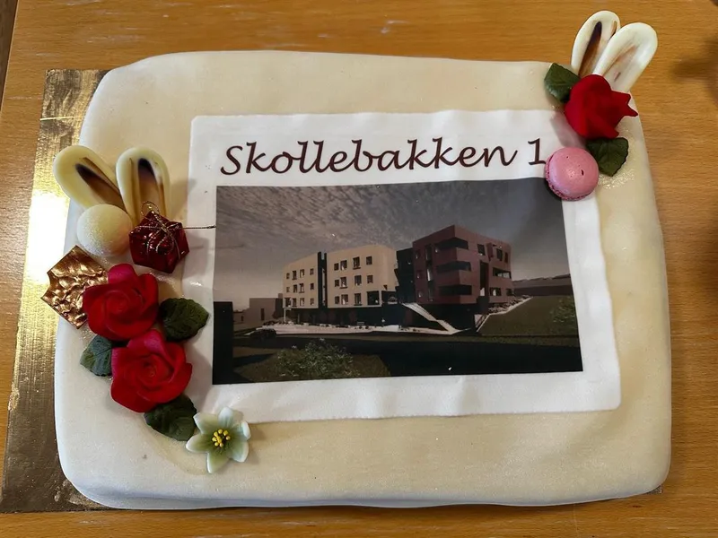 Marsipankake med illustrasjon av dei nye omsorgsbustadene. - Klikk for stort bilete