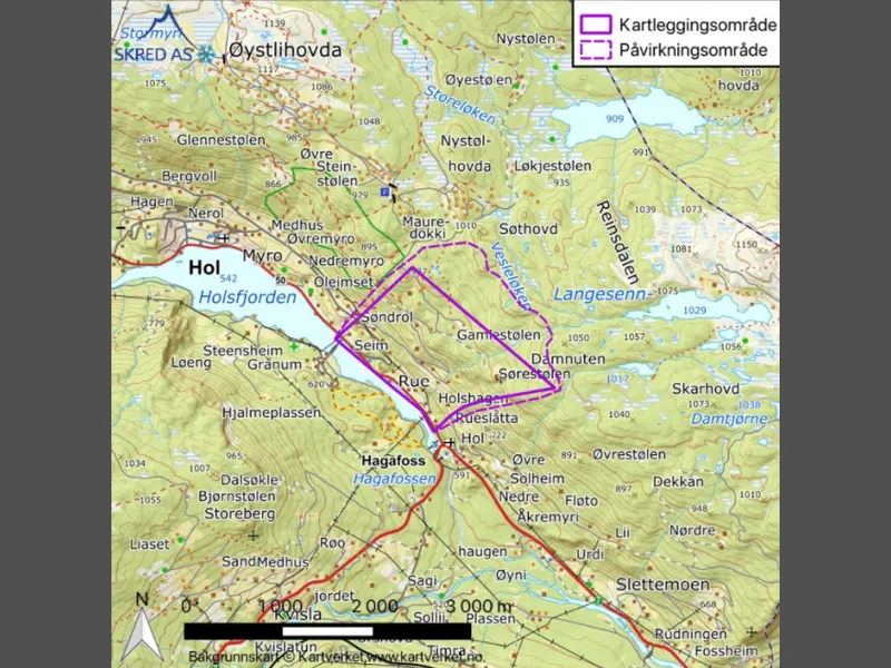 Kart over Holsfjorden. Viser et markert område fra Tingvollane til Seim.