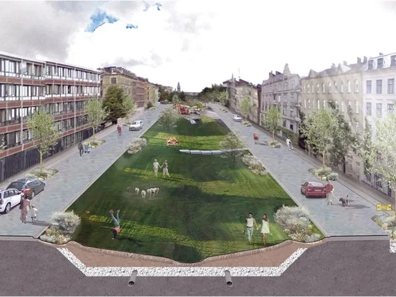 Eksempel på en av mange mulige løsninger i skybruddsplanen. Fra «Konkretisering av skybrudsplanerne, Ladegårdså, Frederiksberg øst og Vesterbro oplande, Rambøll, 2013»