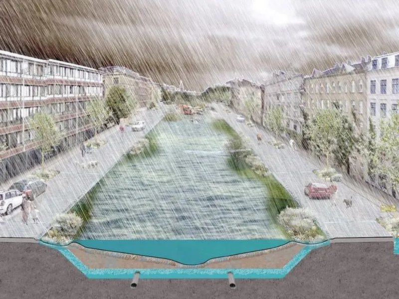 Eksempel på en av mange mulige løsninger i skybruddsplanen. Fra «Konkretisering av skybrudsplanerne, Ladegårdså, Frederiksberg øst og Vesterbro oplande, Rambøll, 2013»