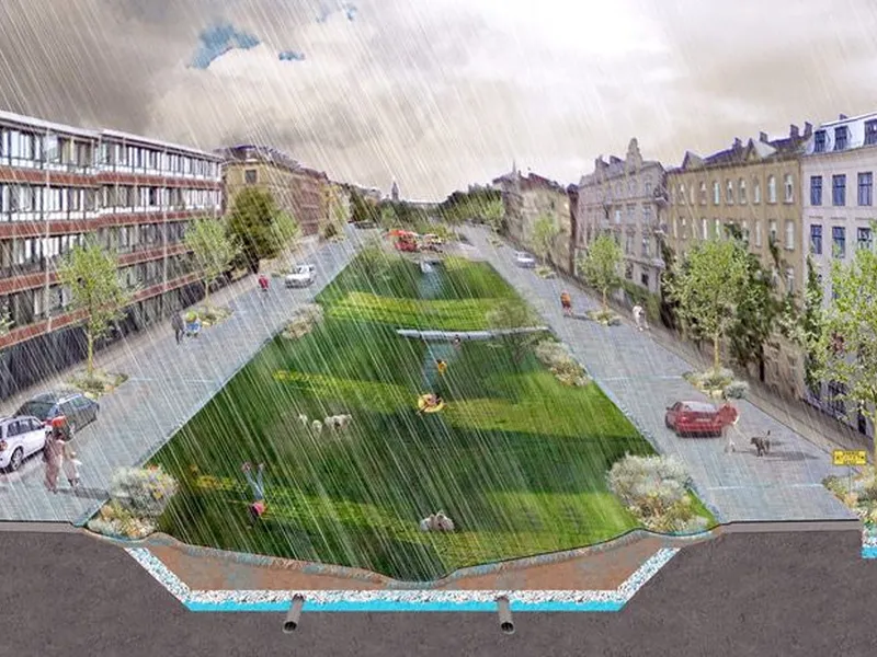Eksempel på en av mange mulige løsninger i skybruddsplanen. Fra «Konkretisering av skybrudsplanerne, Ladegårdså, Frederiksberg øst og Vesterbro oplande, Rambøll, 2013»
