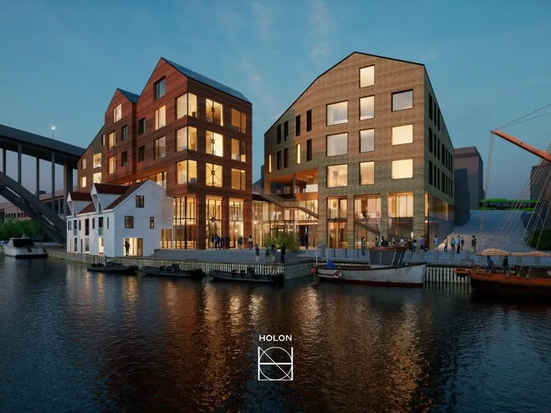 Slik vil det se ut når Veidekke har ferdigstilt bygget. Illustrasjon: Holon.