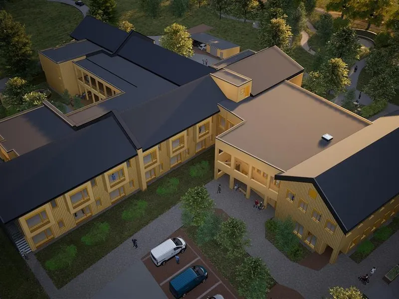 Skisse av det noe omsorgssenteret. - Klikk for stort bilde