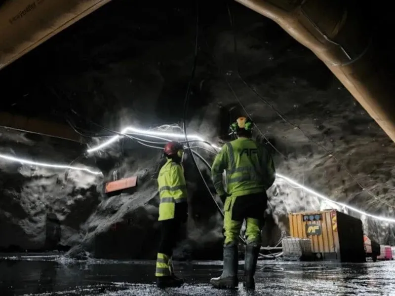 Bilde av to med ryggen til i vernetøy i en tunnel Tunnelen som går mellom Sogn og Ulven skal bli 6,6 kilometer lang. Foto: Statnett.
