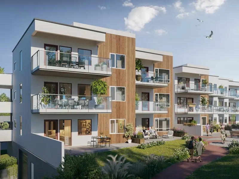 FM Strand kan være i gang med bygging av to blokker med 29 leiligheter på Os for OBOS neste vår. Ill. ABO Plan og Arkitektur