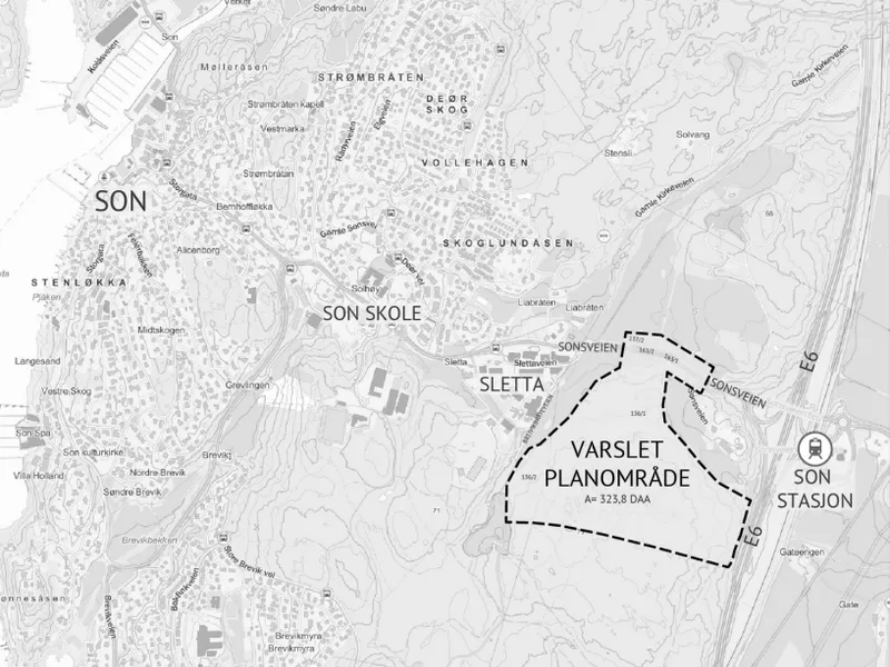 Kartutsnitt - Varsel om oppstart og høring av planprogram – Son teknologi- og næringspark – Detaljregulering