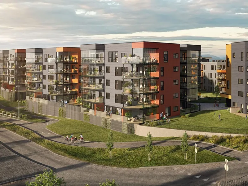 Illustrasjon av fasade på leiligheter på Sørbøhagane BB14
