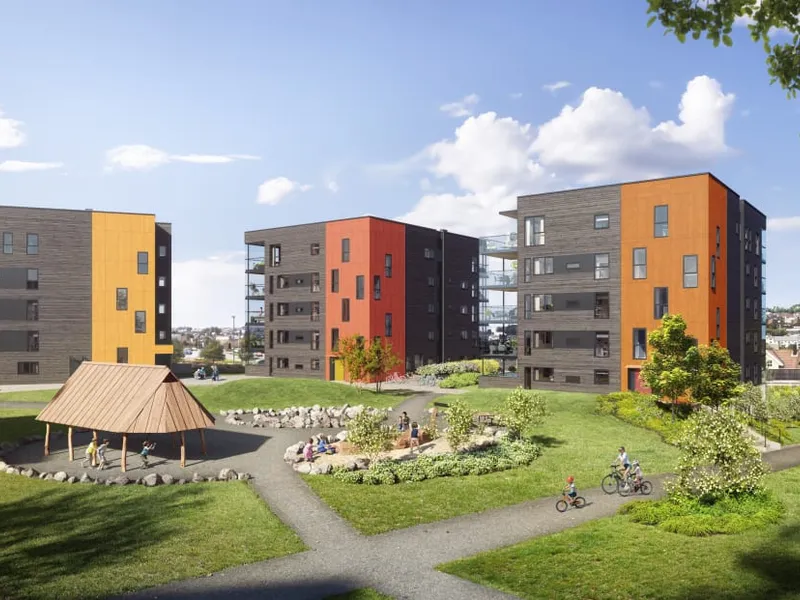 Illustrasjon av fasade på leilighetsbygg på Sørbøhagane BB15, sett fra gårdsrommet