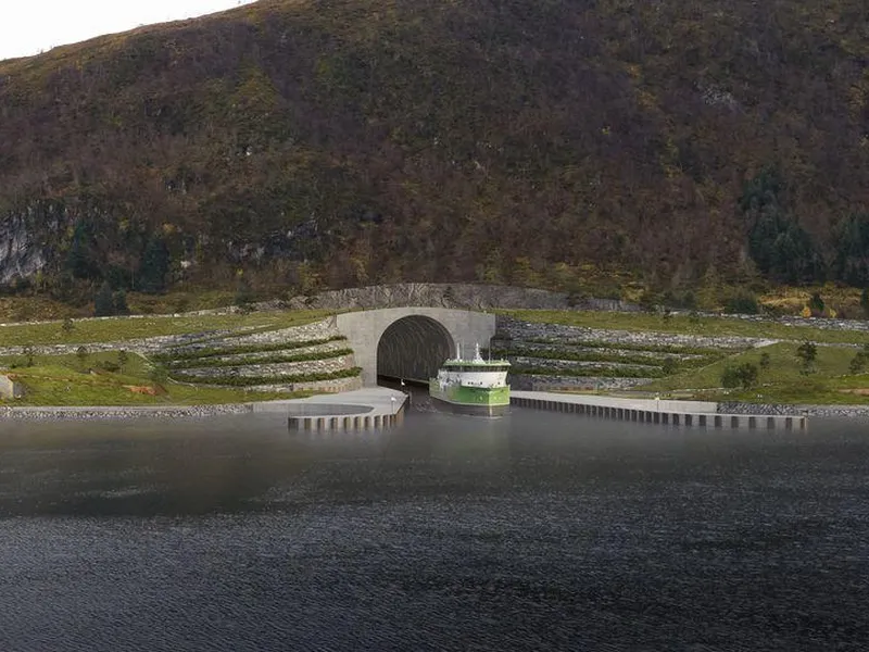Verdens første skipstunnel, slik den kan bli seende ut i Moldefjorden, Selje. Nå skal byggingen av tunnelen ut på anbud.