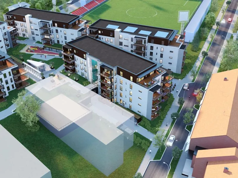 DDet er planlagt fem byggetrinn på Stadionkvartalet i Mjøndalen. Byggetrinn en; de to byggene nærmest Isachsen Stadion, og byggetrinn to; bak til venstre for byggetrinn en, er ferdigstilt. Nå starter arbeidet med byggetrinn tre; rett bak og til høyre for byggetrinn en. Illustrasjon: DIAKRIT