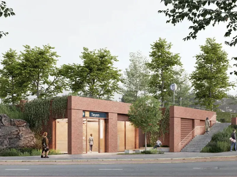Sporveien planlegger ny adkomst til Tøyen T-banestasjon, med beliggenhet i Finnmarkgata, rett ved Tøyenparken. Illustrasjon: MDH Arkitekter.
