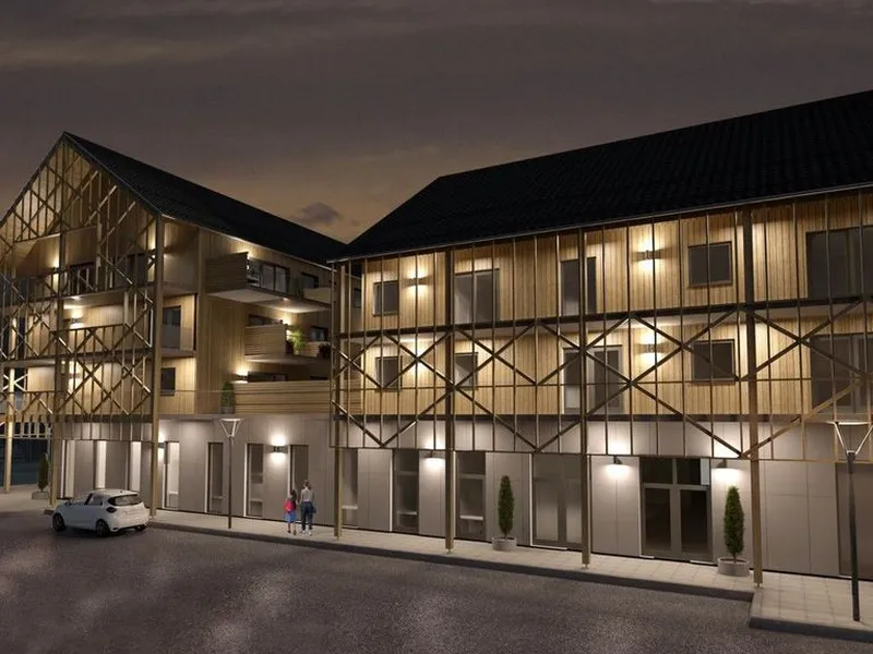 Alle leilighetene på Stasjonsgården får store balkonger, og det blir en svalgangsløsning mot Stasjonsvegen i Bø. I næringsarealene i første etasje blir det kontorhotell og kontorarealer. Illustrasjon: PBBL (Porsgrunn Bamble Borgestad Boligbyggelag).