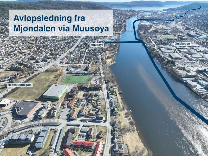 Bilde som viser at avløpsledningen vil ligge i Drammenselva på strekningen fra Mjøndalen til Muusøya.