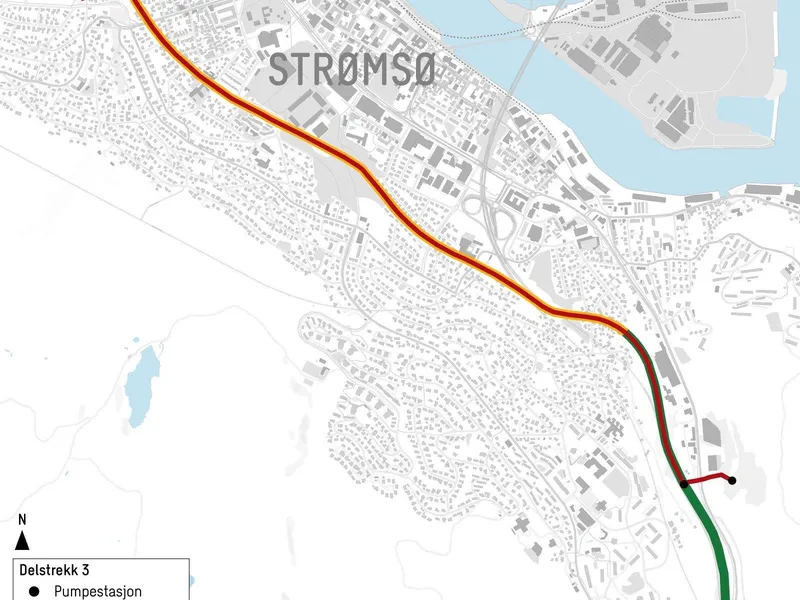 Et kart som viser at avløpsledningen er planlagt i traseen etter den gamle Vestfoldbanen.