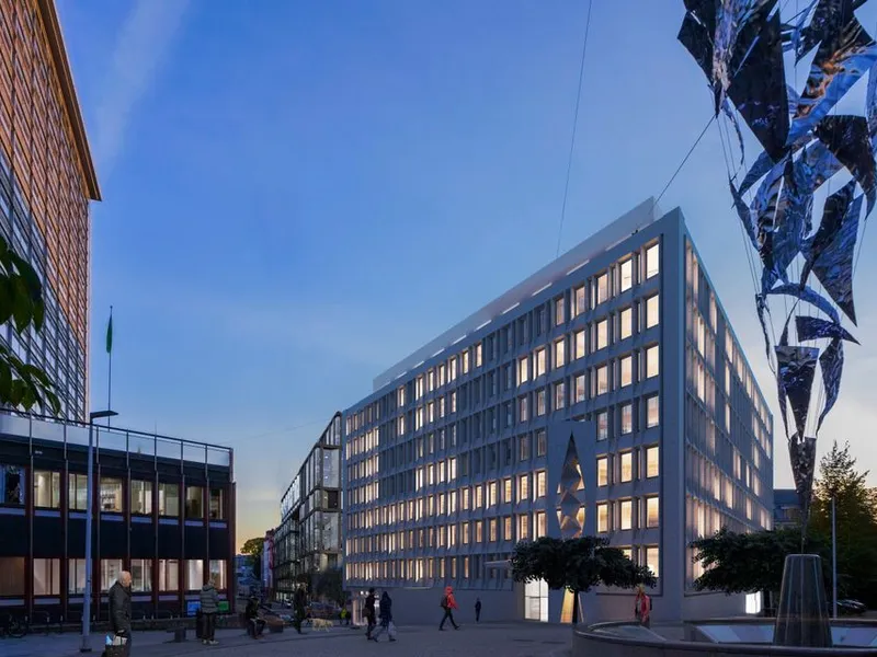 St. Olavs plass 5 er tegnet av den anerkjente arkitekten Erling Viksjø. Eiendommen gjenåpner i Q4 2022. Illustrasjon: Mad Arkitekter