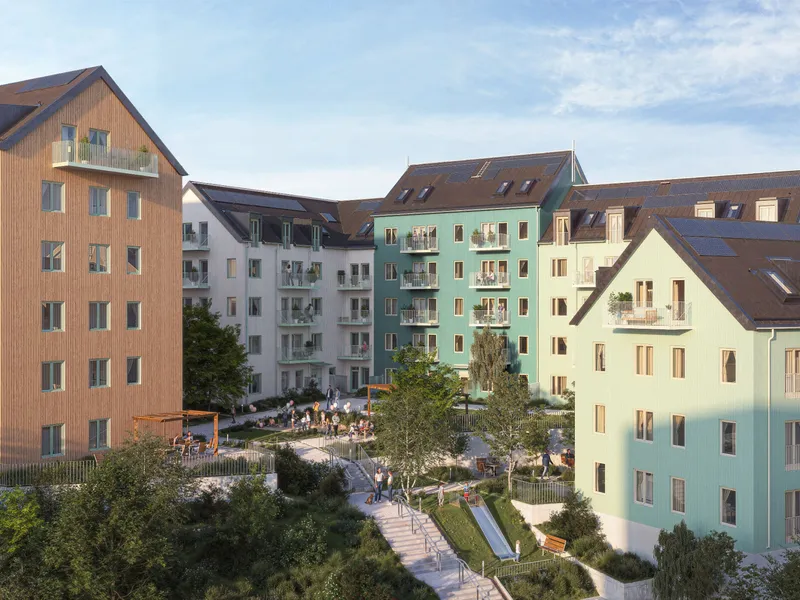Stockholm Wood City skal bli verdens største byggeprosjekt i tre. Nå er prosjektet i gang før tiden. Illustrasjon: Atrium Ljungberg / White.