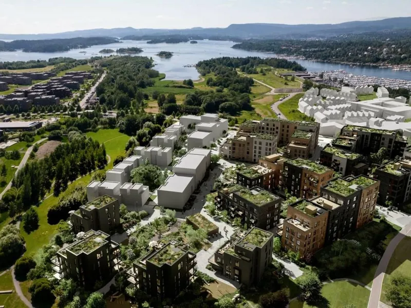 Oversiktsbilde fra prosjektområdet på Storøykilen, Fornebu. Ill. OBOS.