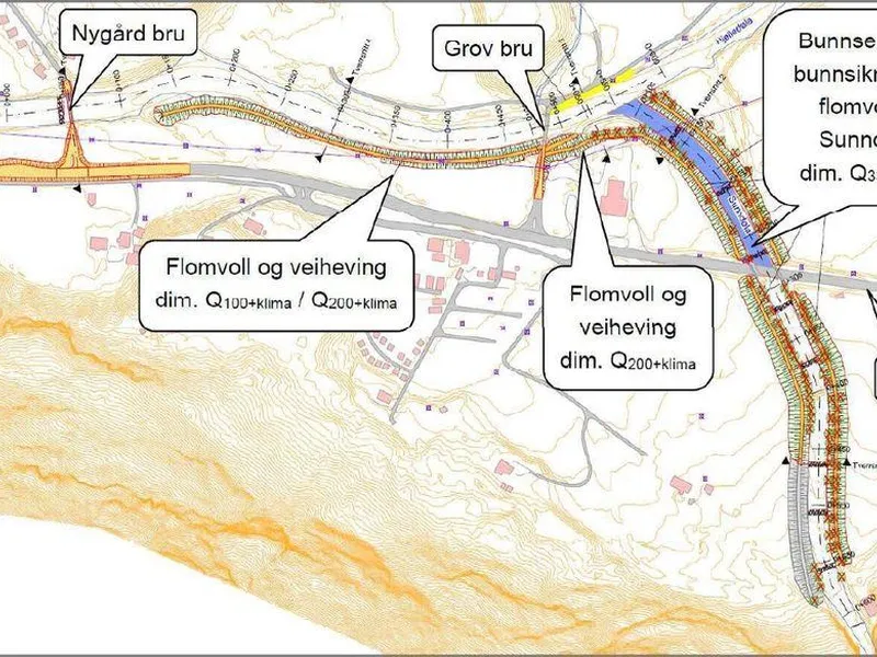 Skisse: Slik vert flaumsikringsprosjektet som er eit samarbeid mellom Statens vegvesen, NVE og Stryn kommune. Skisse: Dr Blasy – Dr Øverland