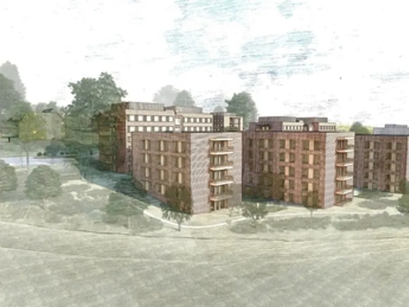Studentboliger mot Nedre Pentagonvei. Illustrasjon: Dyrø & Moen Arkitekter AS.