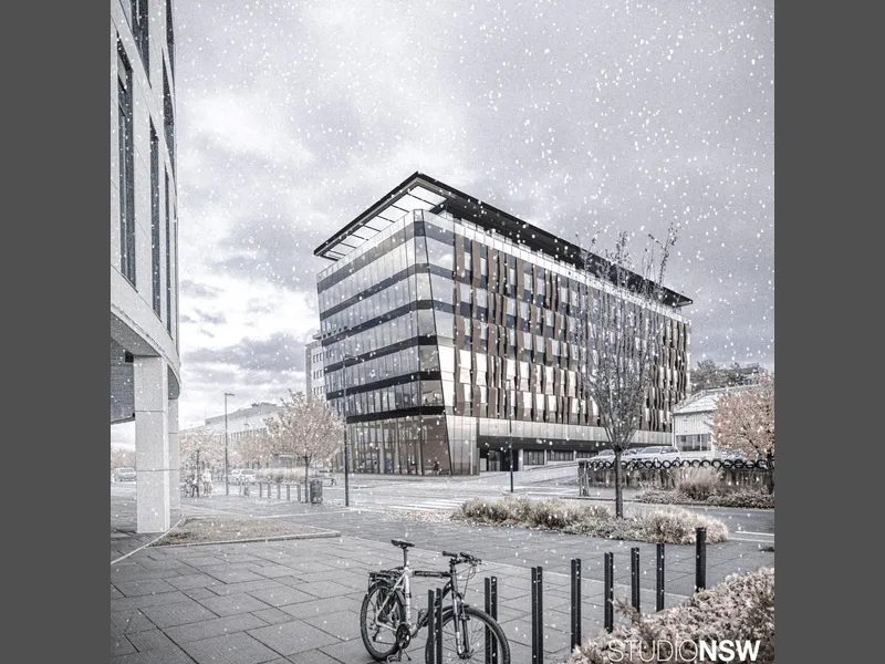 Illustrasjon av kontorbygg på 8 etasjer, vinter