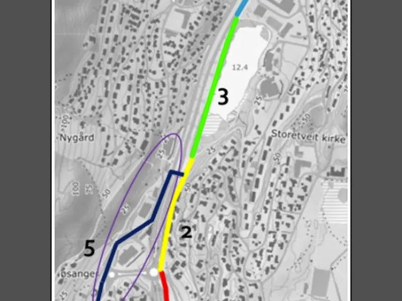 Illustrasjonen viser et kart hvor delstrekningen er tegnet inn i kartet.