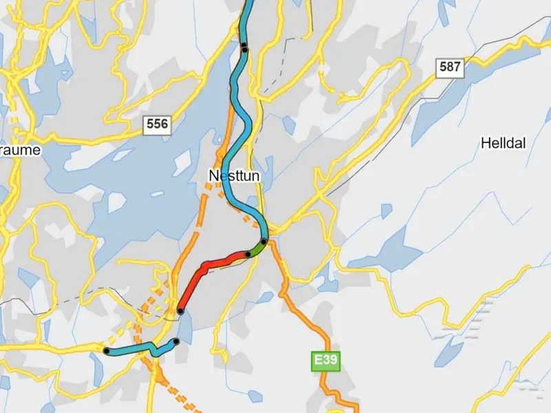Kartet viser delstrekning 2 på Sykkelstamvegen i Bergen som no skal bli bygd ut. Strekningen er markert med rød farge og går frå Apeltunvannet til Nesttunbrekka. Kart: Statens vegvesen.