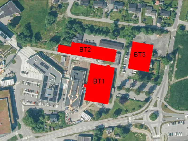 Kart som viser kvar bygga skal stå på dei ulike byggetrinna - Klikk for stort bilete