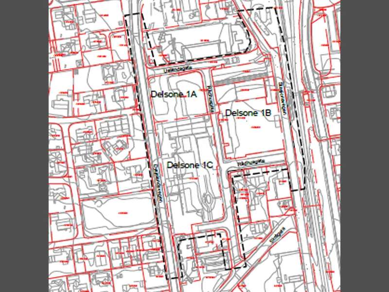 Kartutsnittet viser dei tre delsonene i planområdet for Varhaug sentrum: delsone 1A, 1B og 1C. Området ligg sør for Coop Extra og rundt rådhuset, og omfattar areal som skal vurderast for nytt torg, ny park, tenesteyting, leilegheitsbygg og seniorbofellesskap. Kartet er ein del av grunnlaget for planarbeidet og kan bli justert i det vidare arbeidet. - Klikk for stort bilete