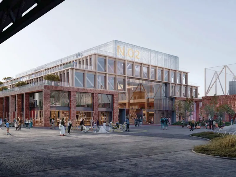Tårnkvartalet på Fornebu består av en 10-parallell ungdomsskole og et folkebibliotek. Her skal det også bygges idretts- og kulturfunksjoner, aktivitetstilbud til ungdom, helsestasjon og nærmiljøsenter. Illustrasjon: Bærum kommune