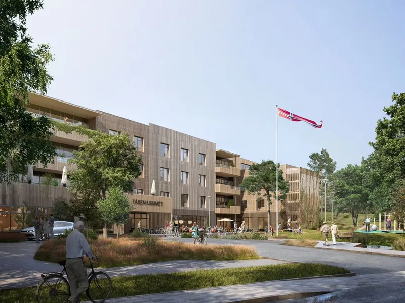 Tåsenhjemmet skal bygges i massivtre, skal være et nullutslippsbygg som miljøsertifiseres etter BREEAM, og blir et forbildeprosjekt i FutureBuilt. Illustrasjon: Oslobygg KF