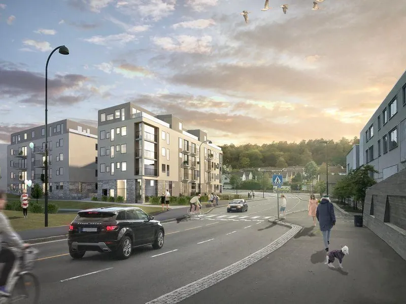 Høyoppløst bilde av prosjektskisse til Teieparken. NB: Dette er ikke prosjektets endelige utforming.