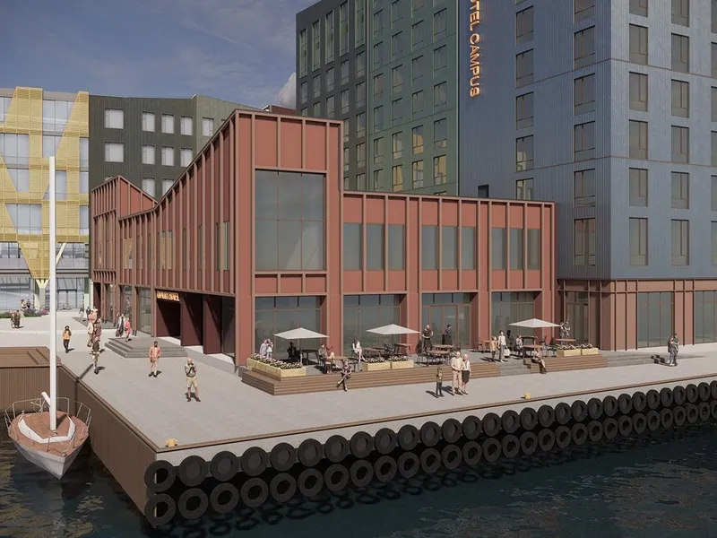 Illustrasjon av hotellbygget med arealene foran.