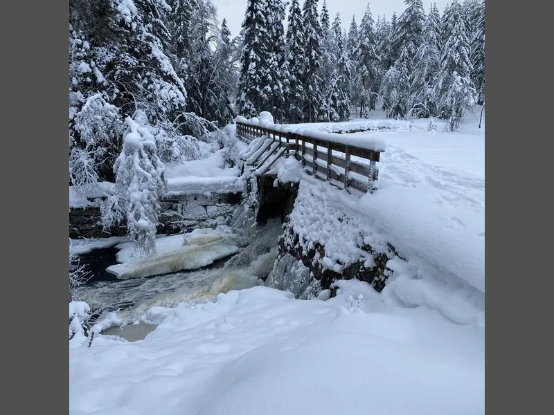 Trebroen ved Dam Fyllingen dekket av snø.
