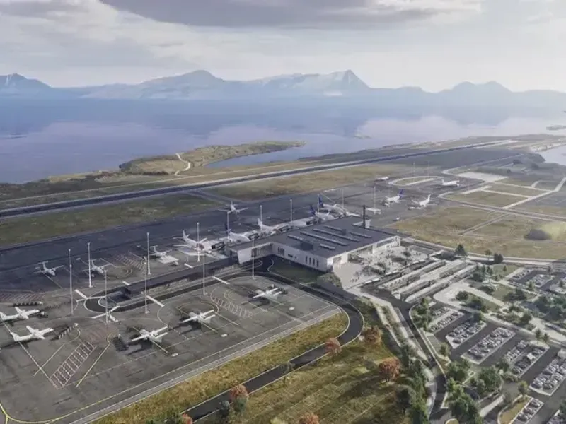 Skissen gir en pekepinn på hvordan den nye lufthavna vil se ut når den står ferdig en gang i løpet av 2029/2030. Illustrasjon: HENT AS, LPO Arkitekter, Archus Arkitekter og Norconsult for Avinor
