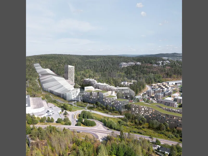 Innendørsarenaen SNØ vil være åpent hele året. SNØ åpner i januar 2020. Illustrasjon av Snøporten på Lørenskog.