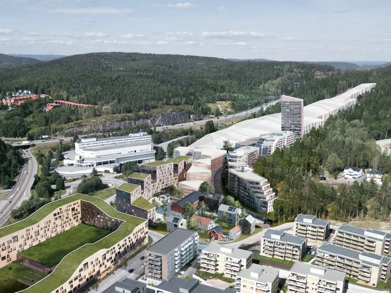 Illustrasjon av den nye bydelen Snøporten på Lørenskog. Det nye Thon-hotellet skal bygges inntil innendørsarenaen SNØ. (Illustrasjon:  (C) Reiulf Ramstad Arkitekter)