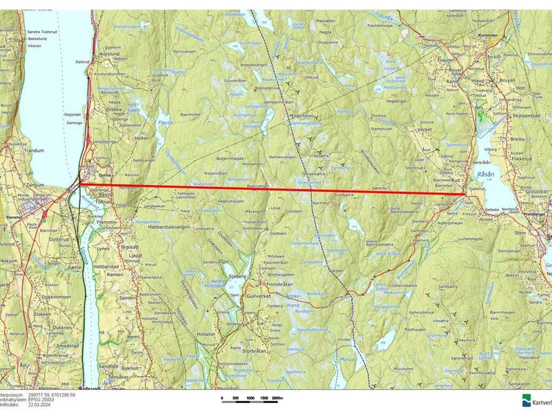 Kart med linje rett fra Løkkerkrysset til Minnesund