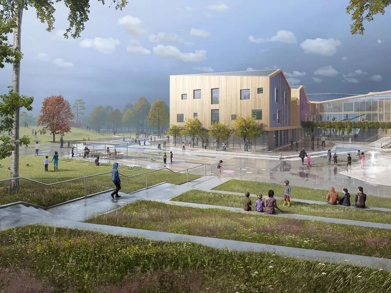 Nivåforskjeller i gangstier og grøntområder, ned mot skolebygget. Illustrasjon