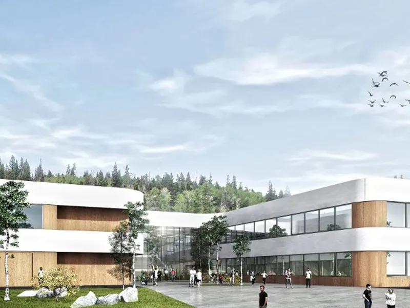 Moderne skolebygg i massivtre. Illustrasjon.