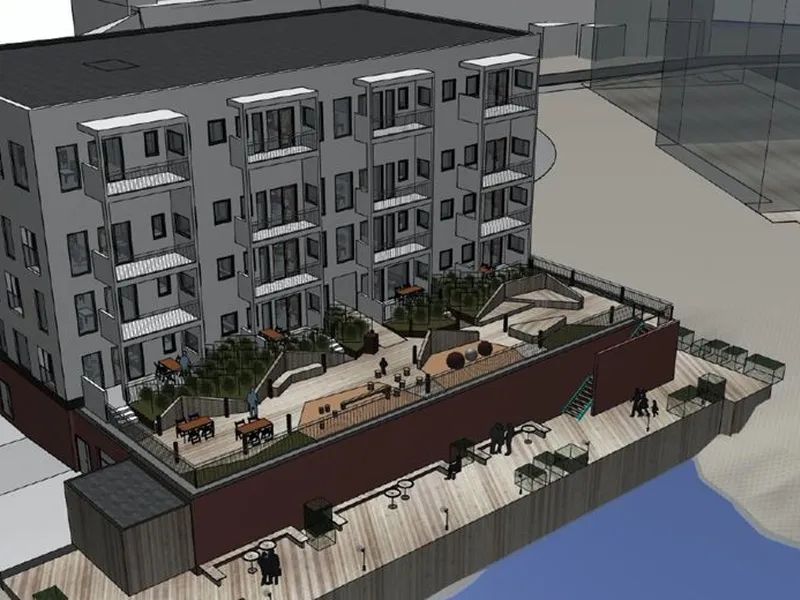 Avisgata 5 i Svolvær skal totalrenoveres. Den øverste etasjen blir et påbygg. Illustrasjon: Stein Hamre arkitektkontor