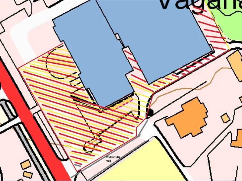 Kartskisse som viser avgrensa område rundt kulturhus og hall i samband med ombygging - Klikk for stort bilde