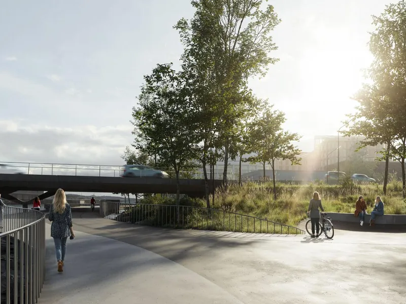 Planene inkluderer også park og havnepromenade. Illustrasjon: Team Cobe.