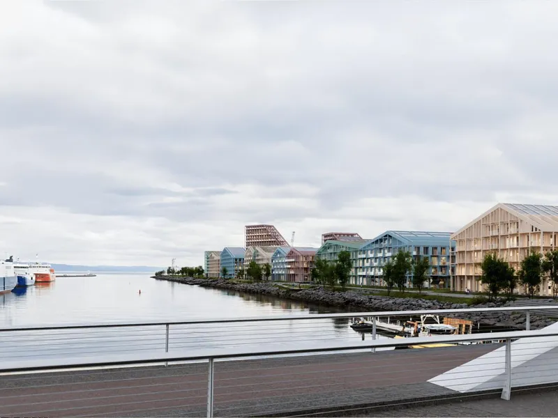 Nyhavna-planene inkluderer blant annet en husrekke langs Nidelvens utløp. Her sett fra Pirbrua. Illustrasjon: Team Cobe.