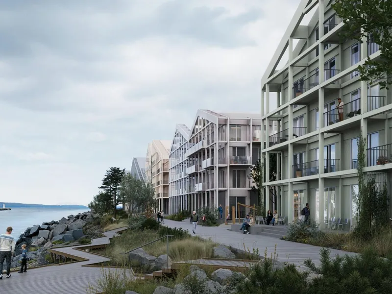 Nyhavna-planene inkluderer blant annet en husrekke langs Nidelvens utløp. Illustrasjon: Team Cobe.