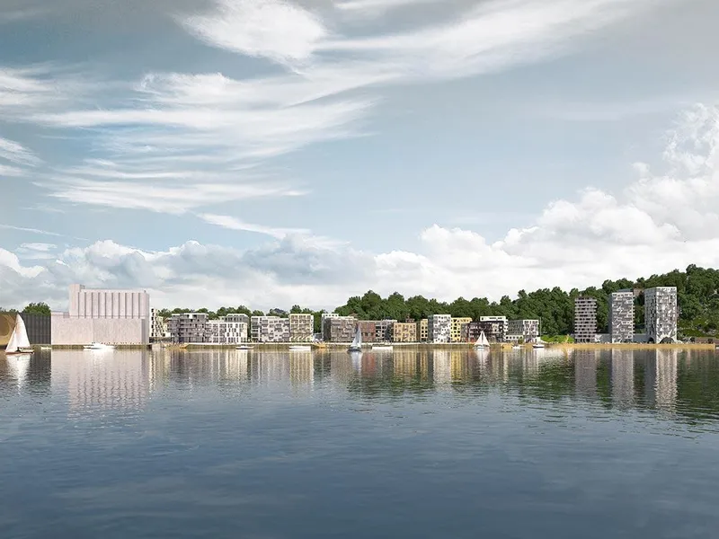 Illustrasjon av Tre Søstre og Kanalbyen sett fra sjøen, med leilighetsbygg langs vannkanten.